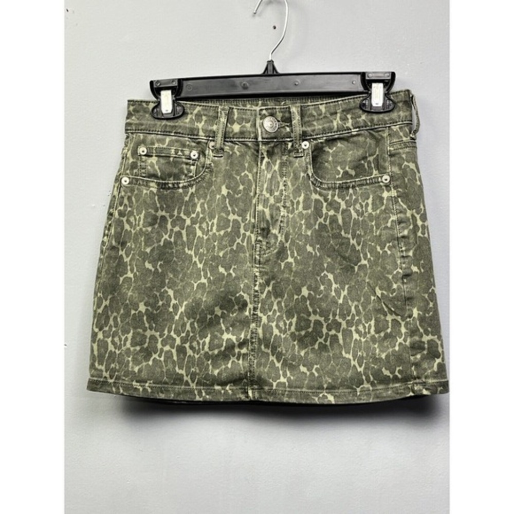 American Eagle Womens Olive Green Leopard Hi-Rise Mini‎ Skirt Size 2 Stretch